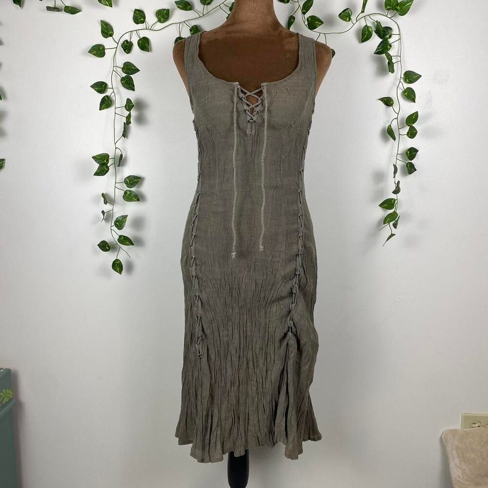 Monoreno Green lace up crinkle dress sleeveless witchy renaissance fairy peasant